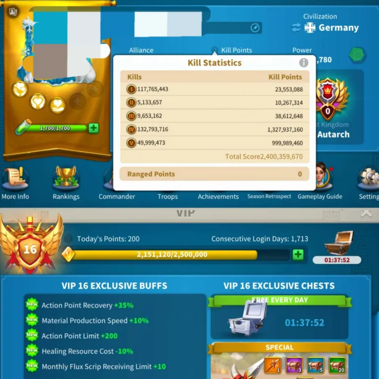 🔥 FİYATA GÖRE EN İYİ VİP 16 ! 💥 79M Güç • 2,4B Kill • 500 Günlük Hız 🎯  2 FARM HESAP BONUS!