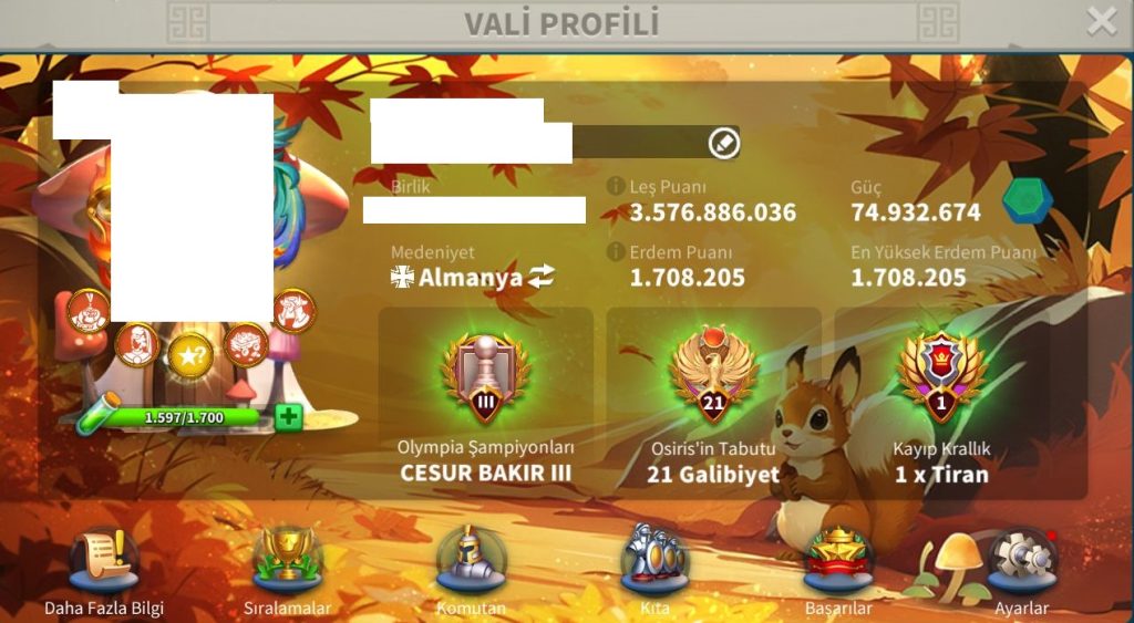 VİP16 BALİNA PROFİLLİ 5 KITA AÇIK ALAN HESAP !  3 KITASI FULL SET ! 10B RSS !  BOL KOMUTANLI PRİME HESAP !