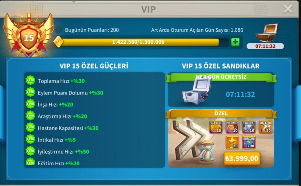 VİP15 // VİP16’YA SON 75K KALMIŞ // T5 PRİME KOMUTANLARA SAHİP ! HAZIR GÖÇ EDEBİLİR META PRİME HESAP ! 1120 GÜN HIZLANDIRMA !