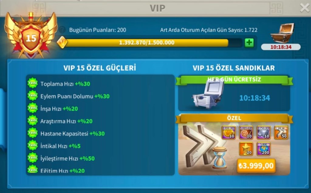 VİP15 3 KITA FULL LEGANDARY SET ! META PRİME + GARNİZON  T5 HESAP ! VİP16’YA SADECE 100K ! 6B RSS ! 530 GÜN GENEL HIZ !