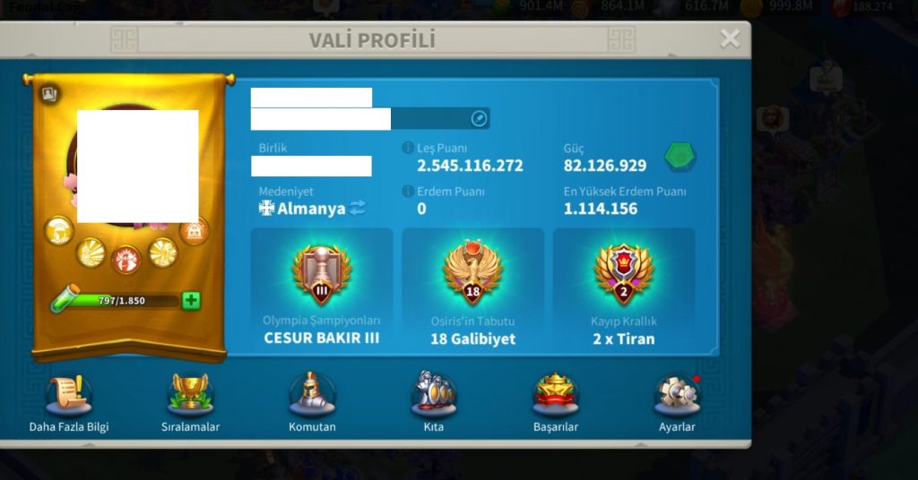 VİP17 5 KITA AÇIK ALAN !! 850 ALTIN KAFA ! 17B RSS ! 1150 GÜN HIZLANDIRMA MEVCUTTUR ! 182K ELMAS !