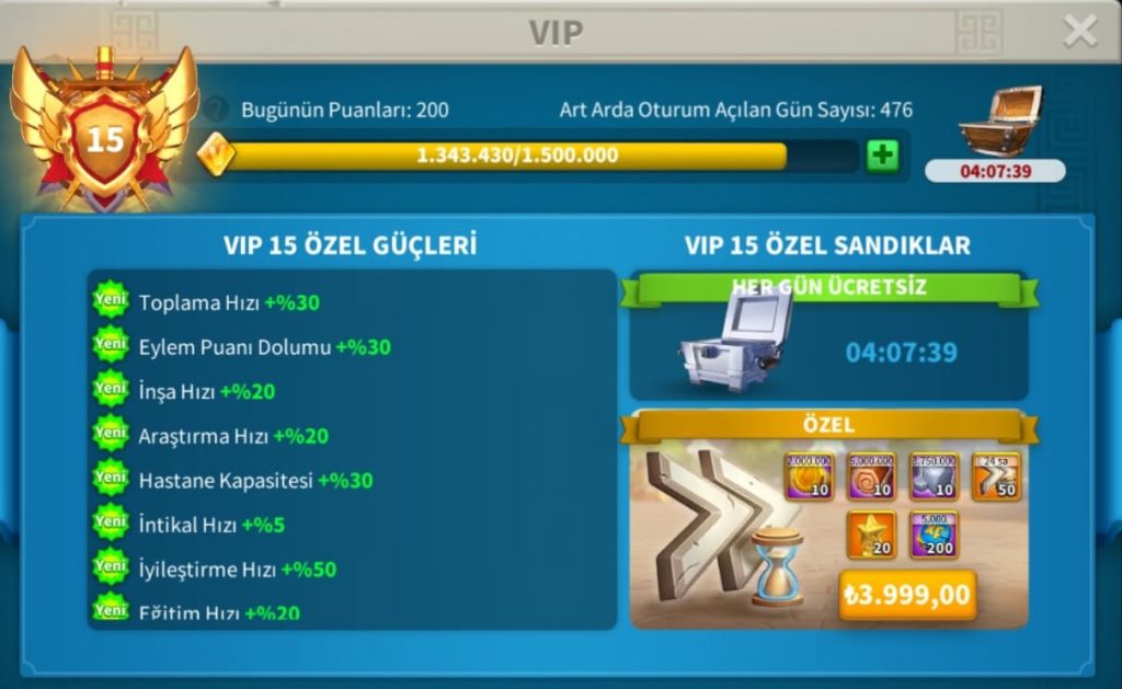 HAZIR GÖÇ EDEBİLİR VİP15 KVK4 HESABI ! 476 GÜNLÜK !  714 GÜN HIZLANDIRMA ! 12B RSS ! FULL İNF ! VİP16’YA SON 157K !