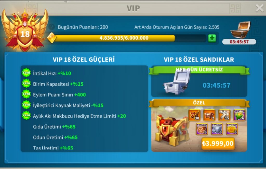 VİP18 HAZIR GÖÇ EDEBİLİR 6 KITA FULL SET HESAP ! 9B RSS ! 1900 GÜN HIZLANDIRMA ! 1260 ALTIN KAFA ! 49/21 KRİTİK !