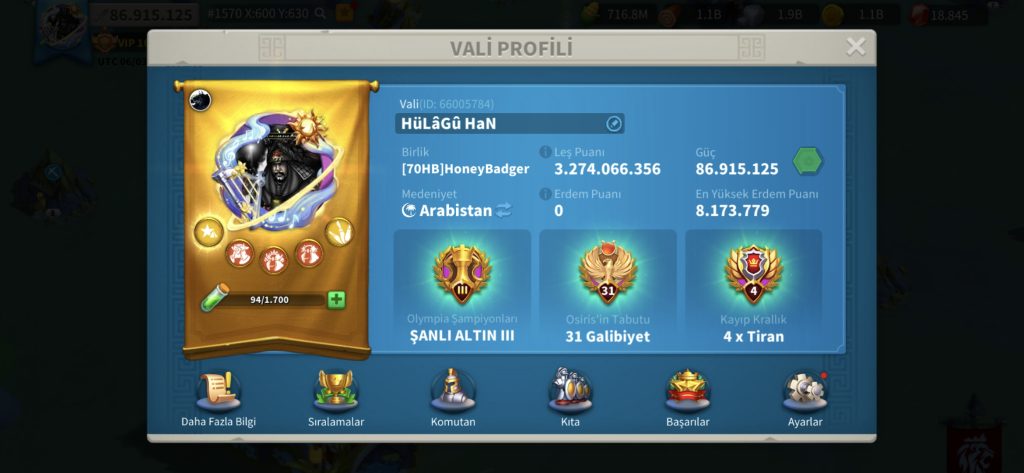 VİP16 HAZIR GÖÇ EDEBİLİR ! 4 KITA FULL SET ! +1 YARIM KITA !  617 ALTIN KAFA ! 713 GÜN HIZLANDIRMA ! 16B RSS ! DOLU DOLU !