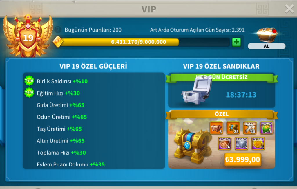 VİP19 HAZIR GÖÇ ETMEYE YAKIN 5 KITA FULL SET LEGANDARY  ! PRİME HESAP ! 3000 GÜN HIZ ! 15B RSS !