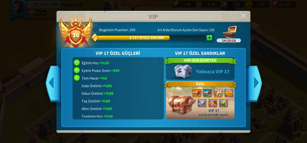 KVK 2 | VİP 16 | 2 KITA MİNO FULL SET | 700+ GÜN HIZLANDIRMA | 10B RSS | 1300+ ALTIN KAFA